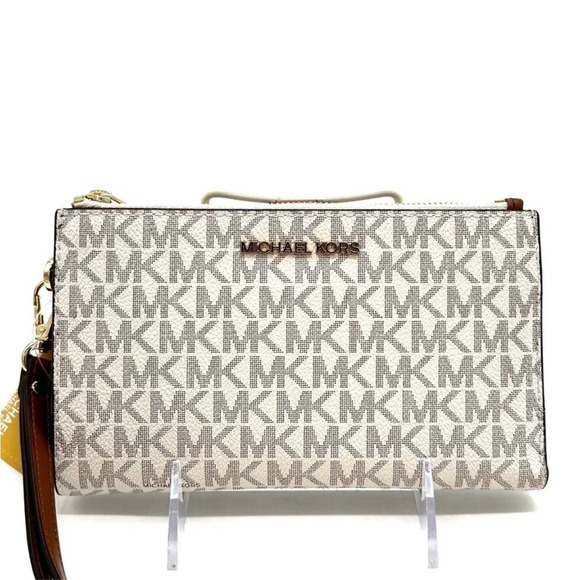 Michael Kors Double Zip Wallet Wristlet Vanilla Leather - Picture 1 of 7
